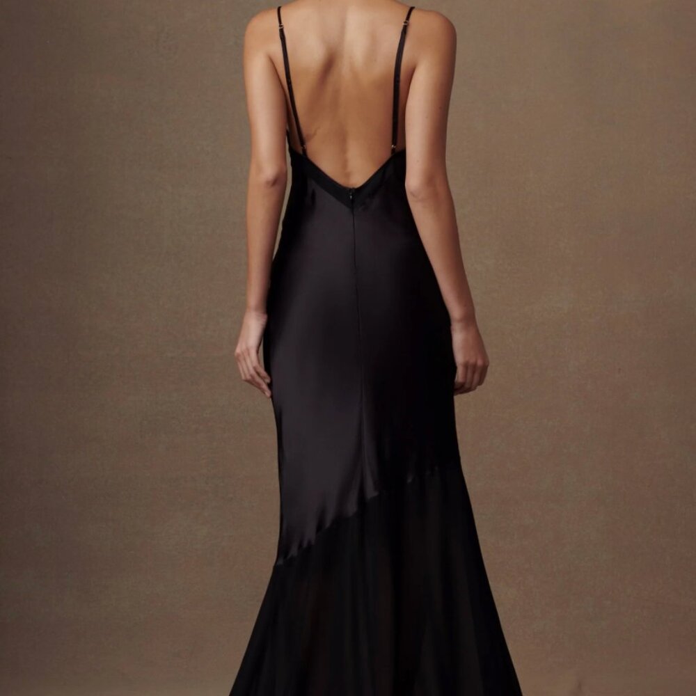 Evelyn Iridescent Satin Maxi Dress with train